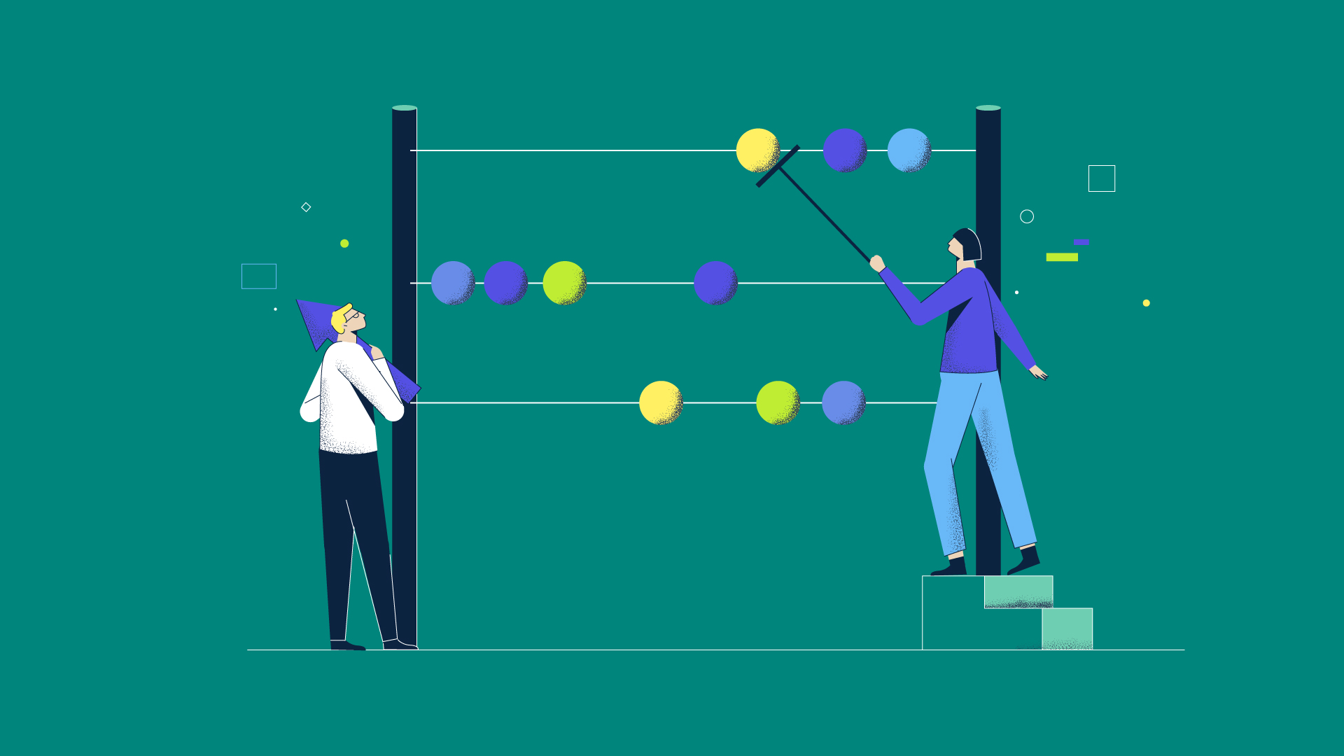 Two individuals interacting with a large, colorful abacus-like structure with three horizontal rods. One person stands on the left observing, while the other stands on steps using a long stick to move a bead on the top rod.