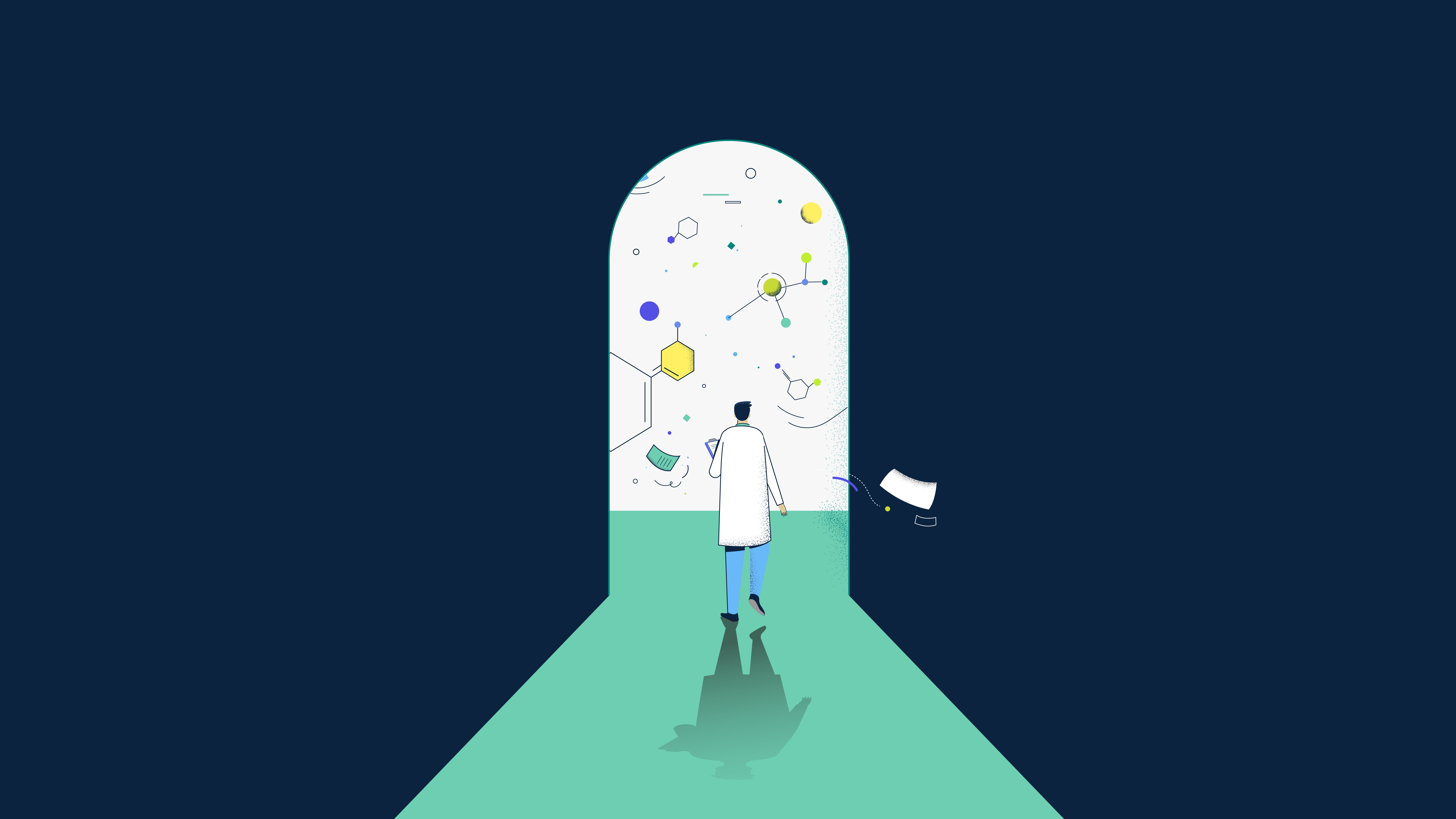 person wearing white lab coat looking out of a door into world full of molecules