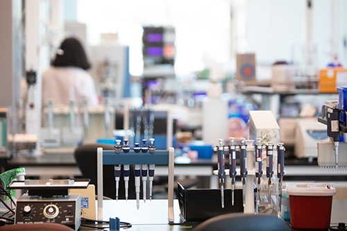 photo of a lab with equipment and the back of a scientist working in the background