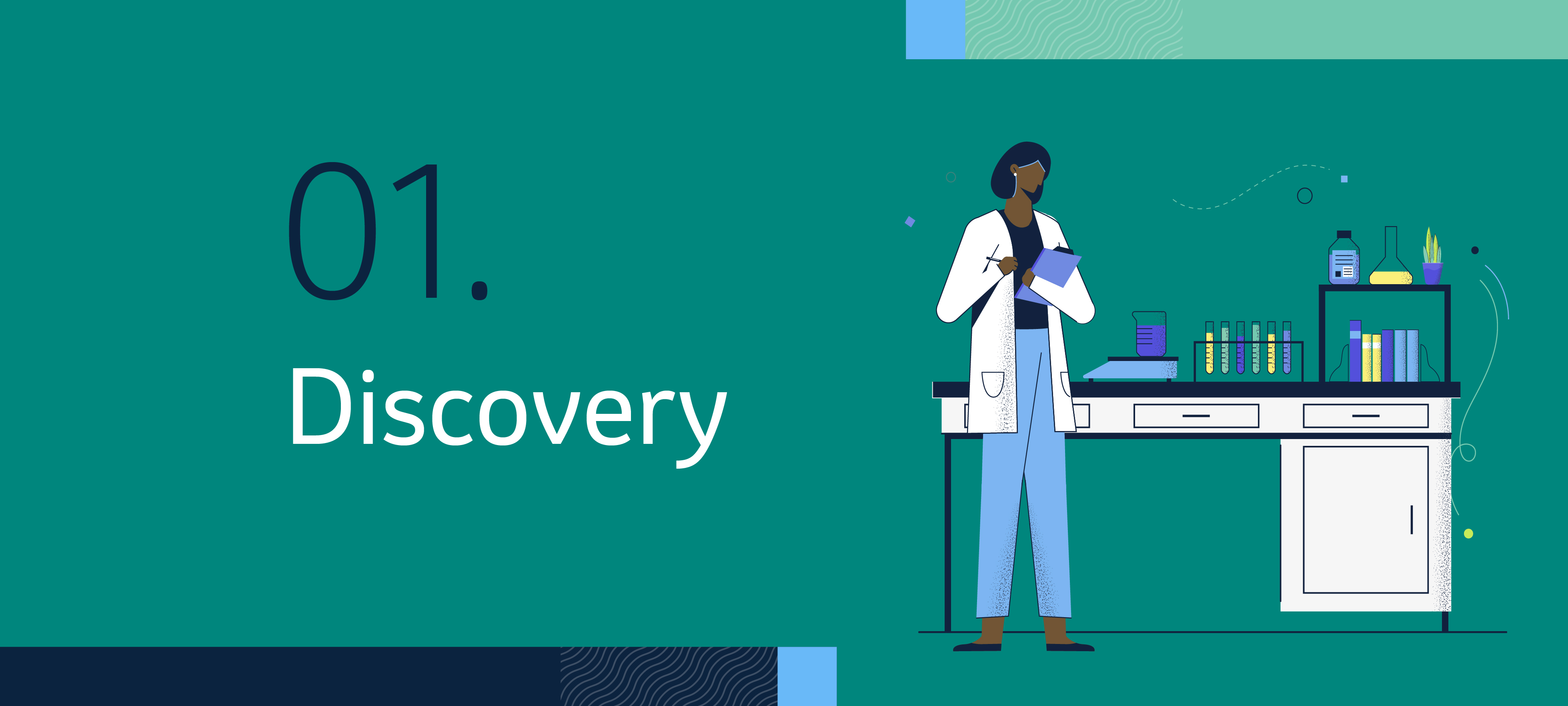 illustration of doctor with paper and pen next to text reading 01. discovery next