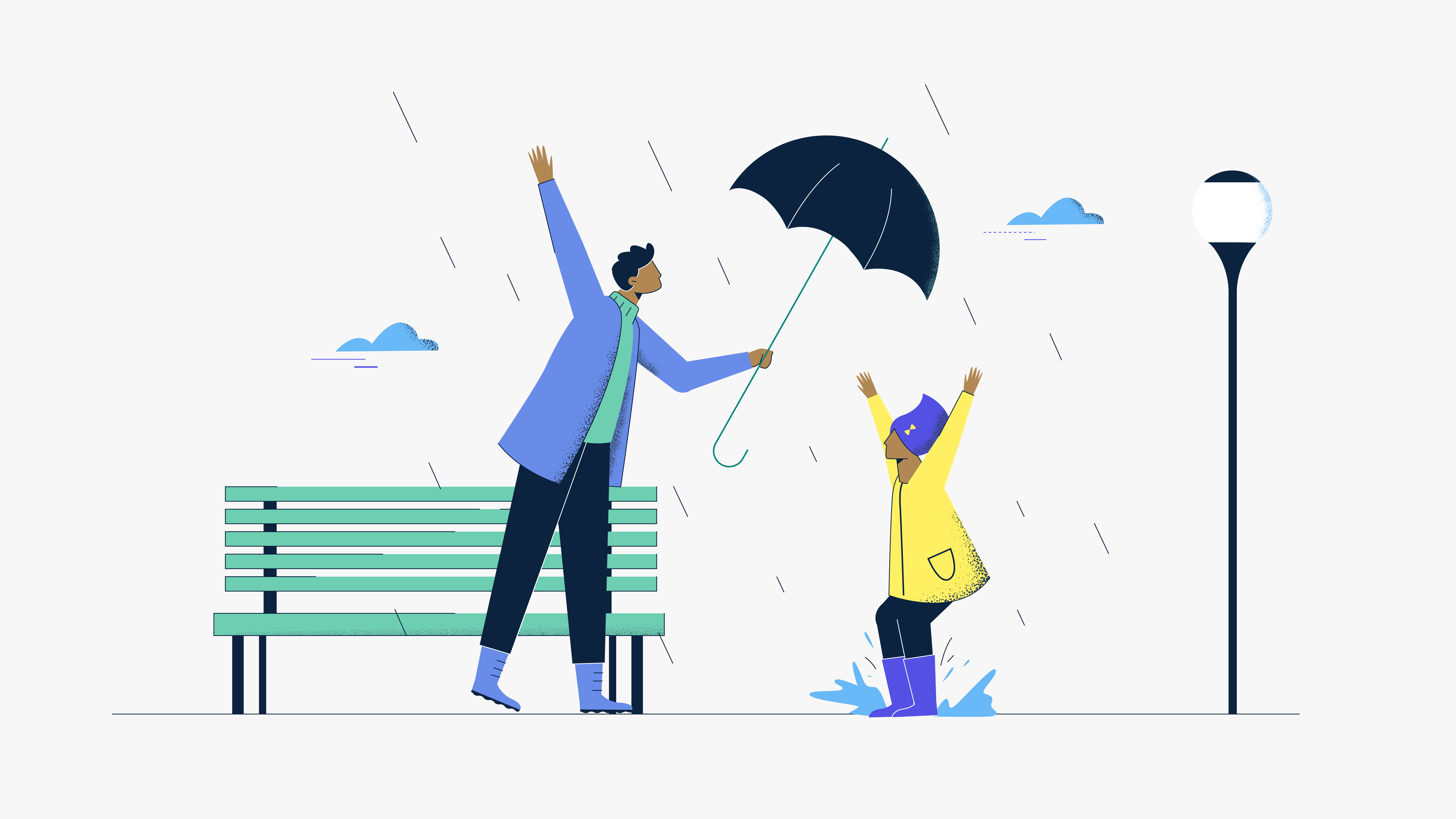 Illustration of a parent holding an umbrella over a child.