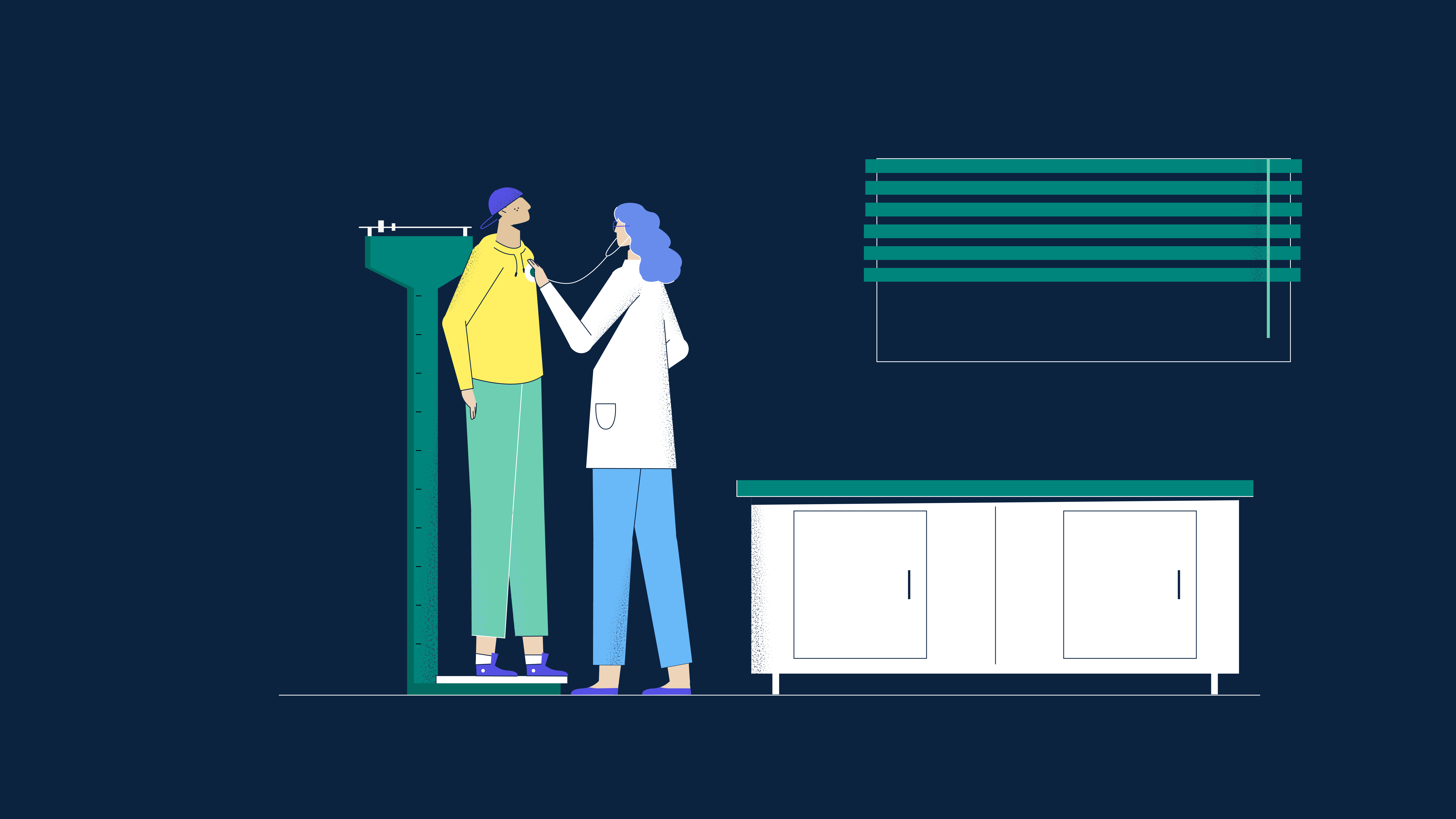 Illustration of patient on scale at doctor's office