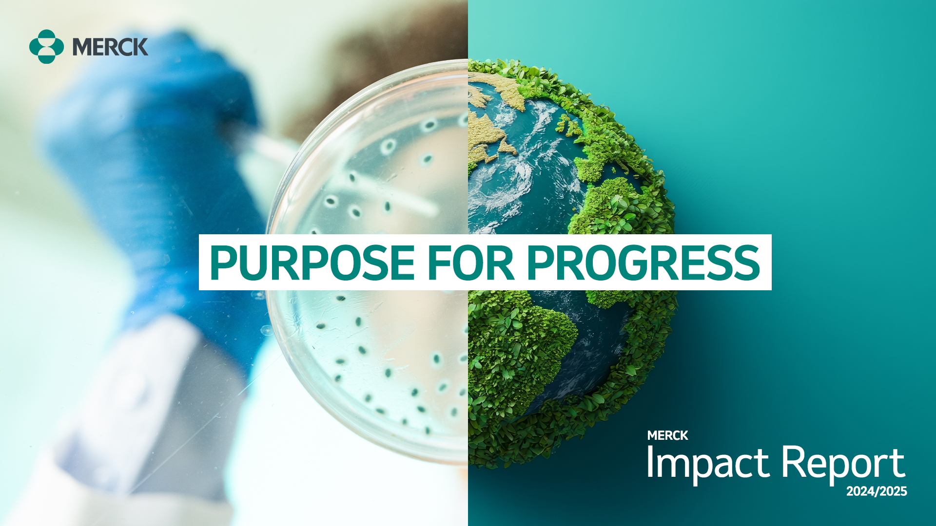 image of half of a petri dish and half of an earth merged to make a full circle. Text on top says "Purpose for Progress Impact Report"