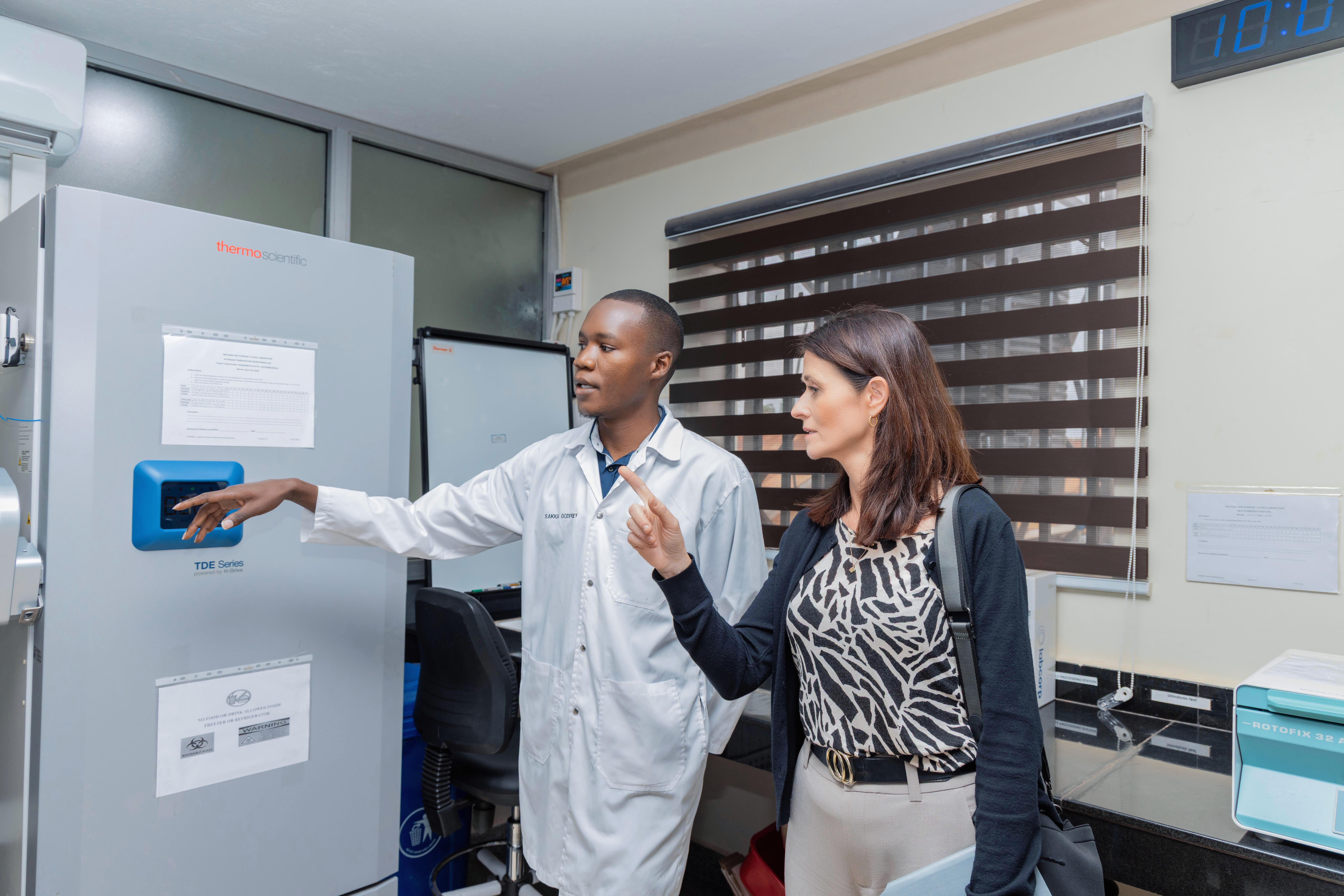 Godfrey Ssaka and Susan Vaz at lab
