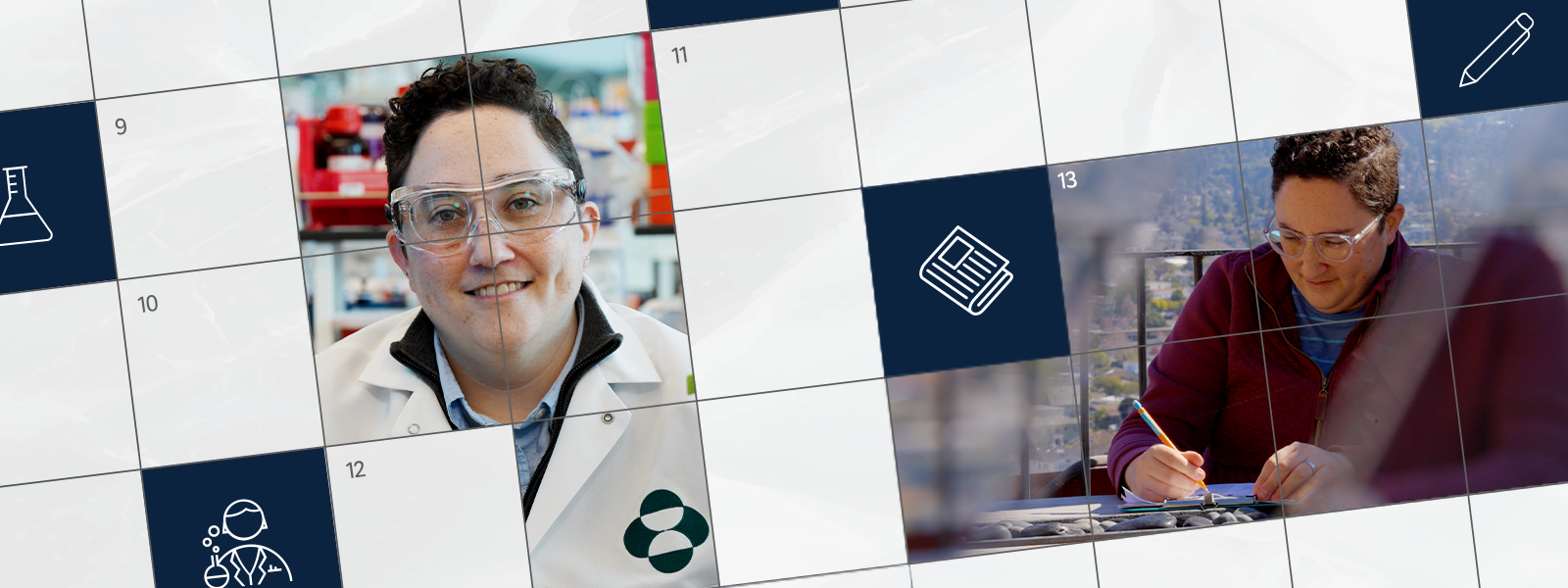 zoomed in crossword puzzle graphic with photo of ww5 scientist Rebecca Goldstein in a lab coat
